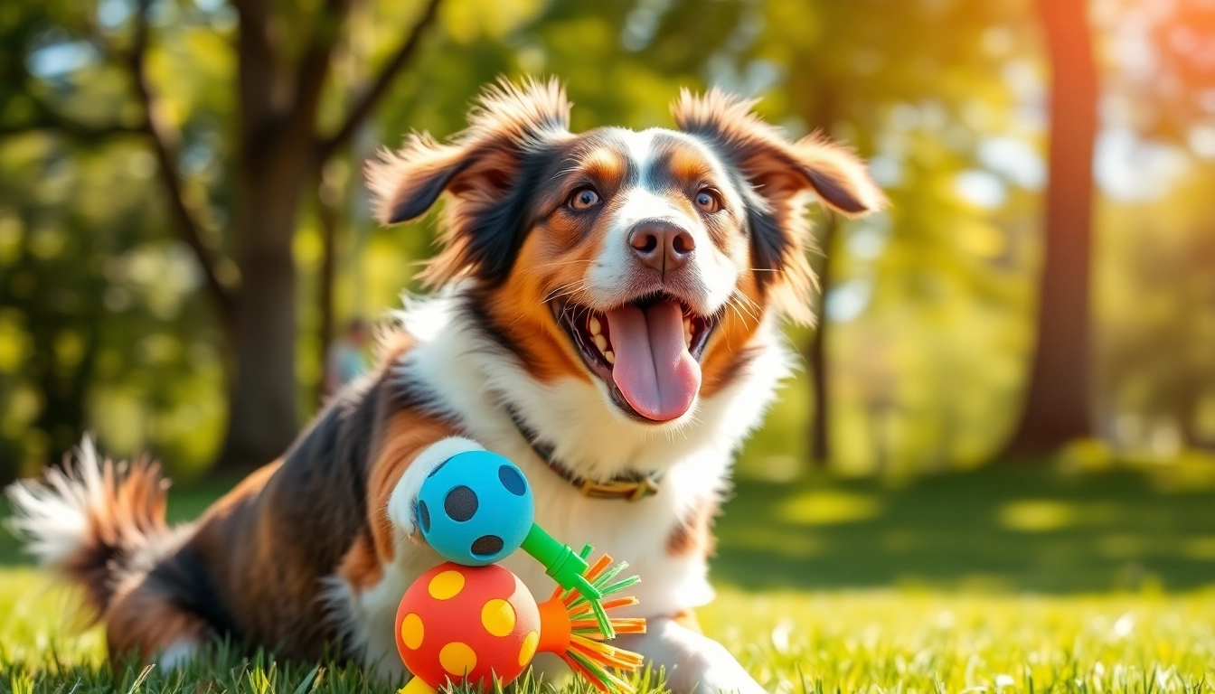 Dog joyfully engaging with a variety of pet toys, showcasing fun and activity for pets.