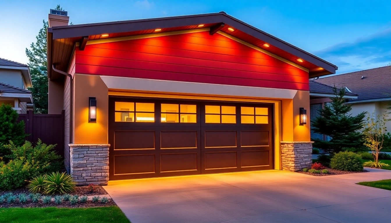 Showcase custom garages with a modern design featuring double doors and landscaped surroundings.