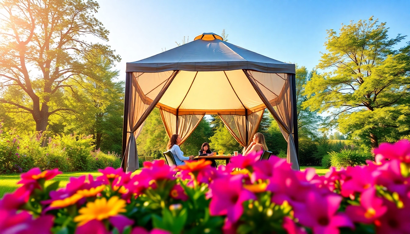 Enjoying a sunny day under a gazebo in Ireland, surrounded by vibrant flowers and greenery.