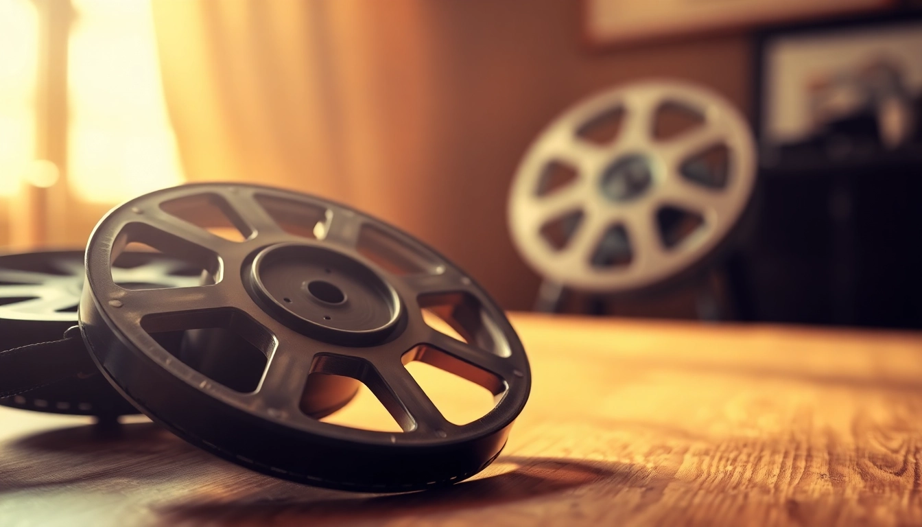 Discover iconic public domain films highlighted on an aged film reel against a rustic backdrop.