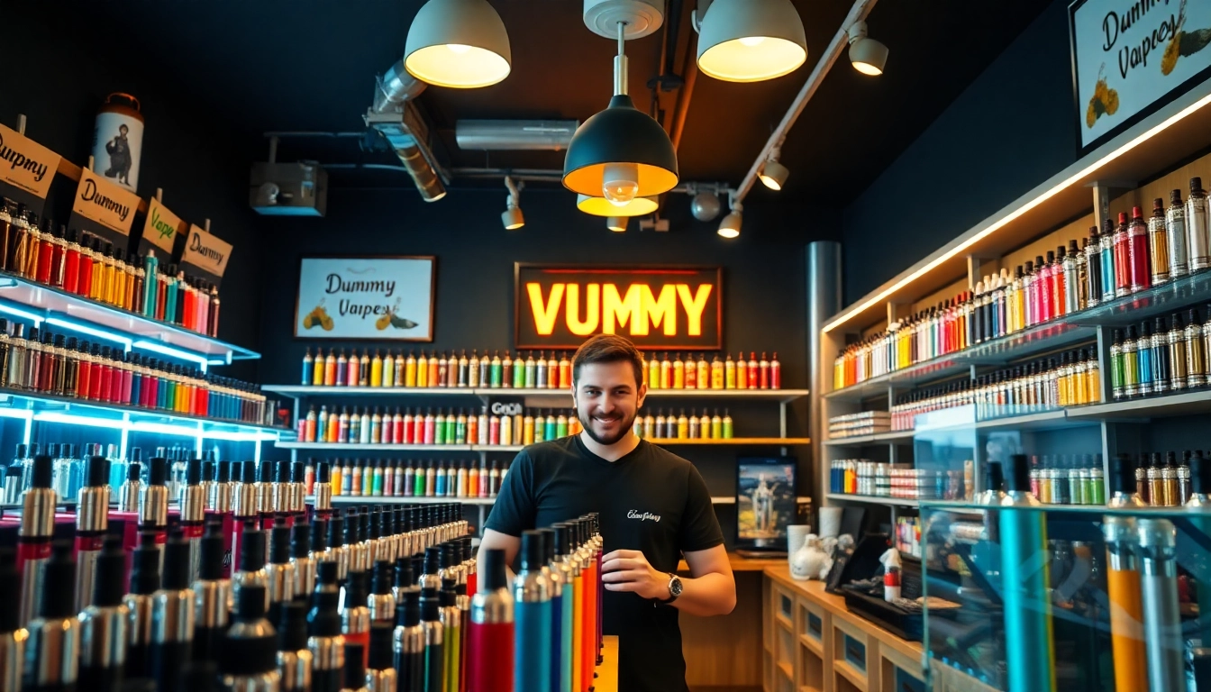 Find Dummy Vapes near me while browsing an inviting vape shop with colorful displays and helpful staff.