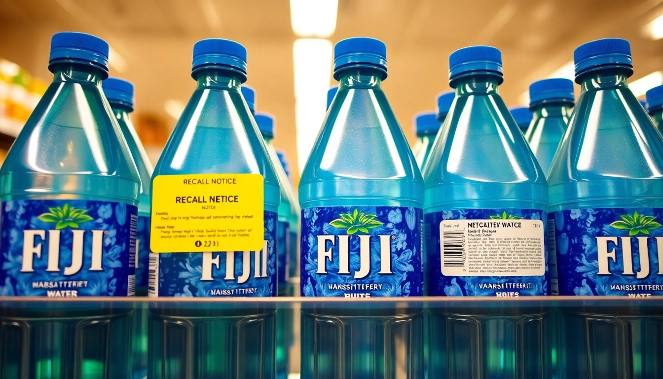 Highlighting fiji water bottles recalled due to safety concerns, showcasing packaging and recall notice for awareness.