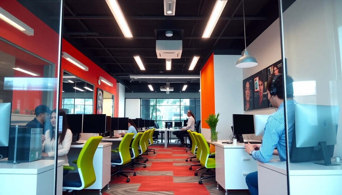 Agents collaborating at a call center in Tijuana, showcasing a professional and vibrant work environment.