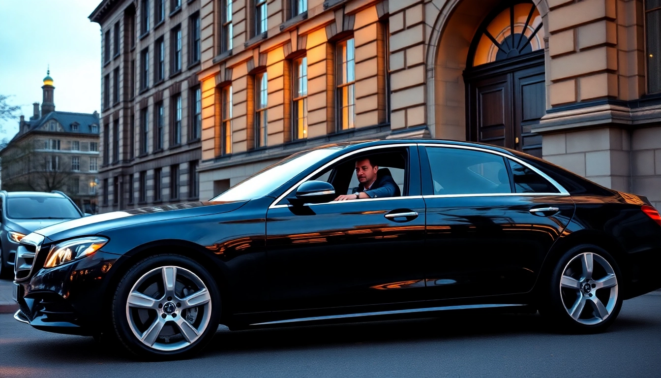 Professional driver hire Glasgow featuring a luxury car and a suited chauffeur at a Glasgow landmark.