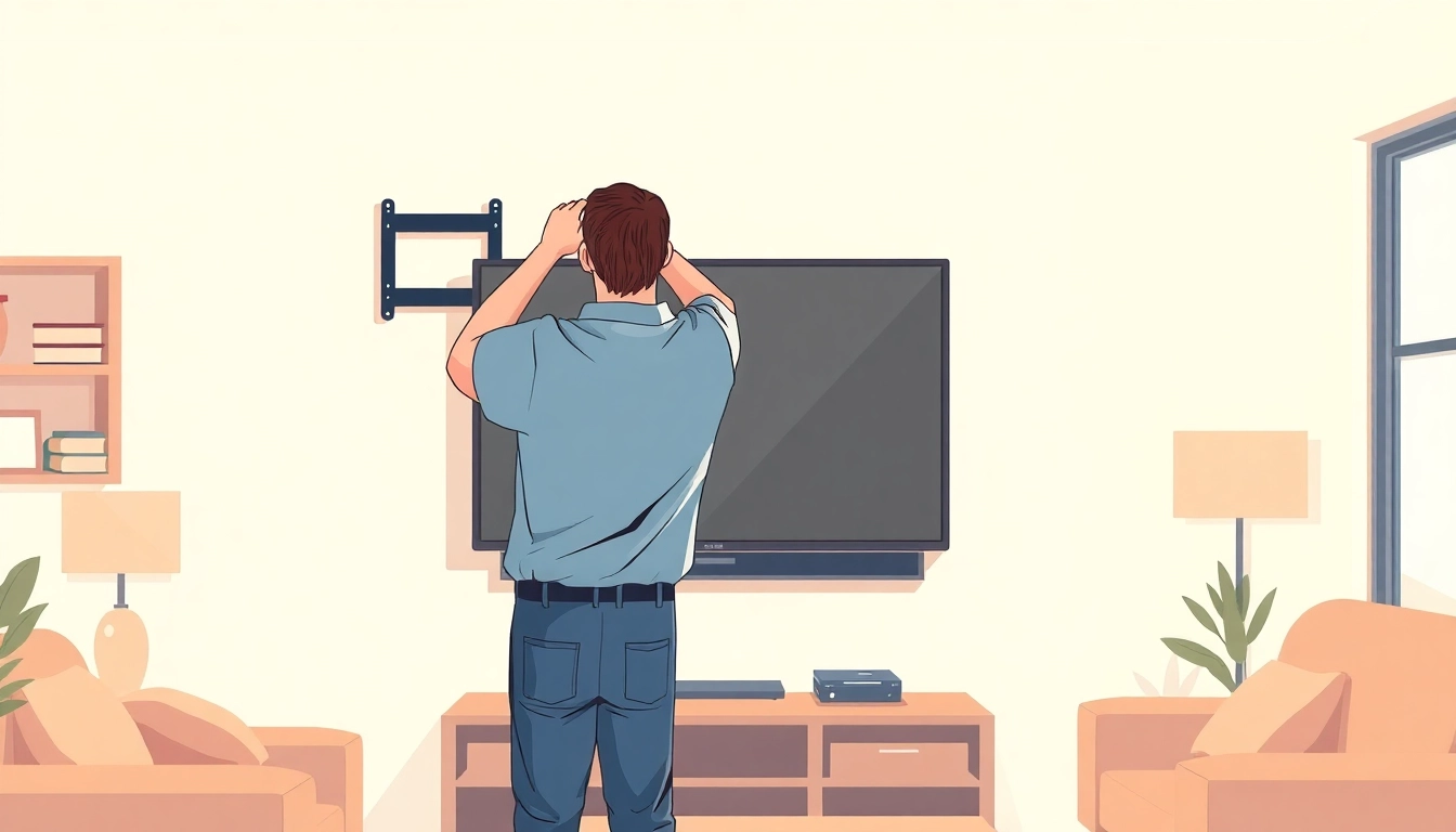 Expert technician providing TV mounting installation service in a modern living room setting.