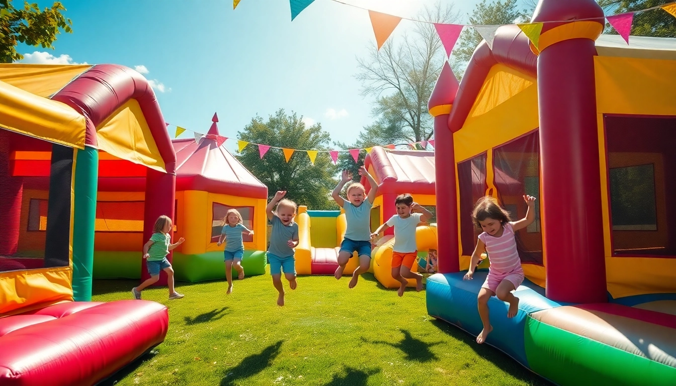 Find the best bounce house rental near me with colorful inflatable fun and happy children enjoying a party.