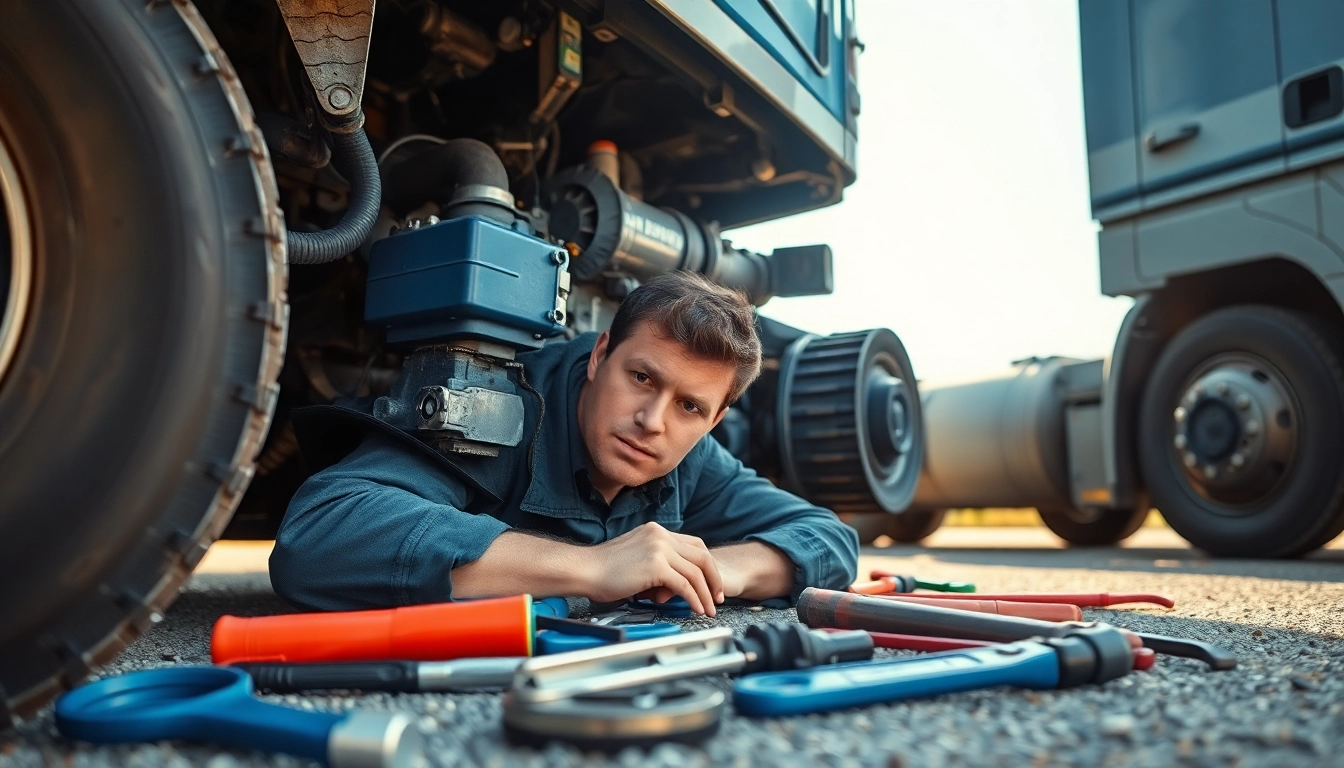 Performing emergency roadside diesel engine repair near me on a heavy-duty truck.