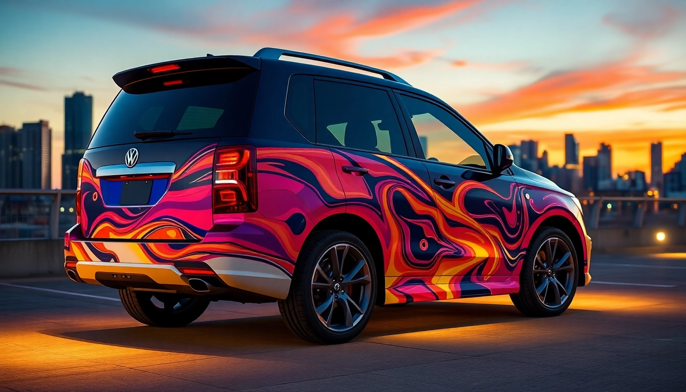 Showcase Full Wrap Services with a vibrant vehicle wrapped in custom vinyl for striking visual impact.