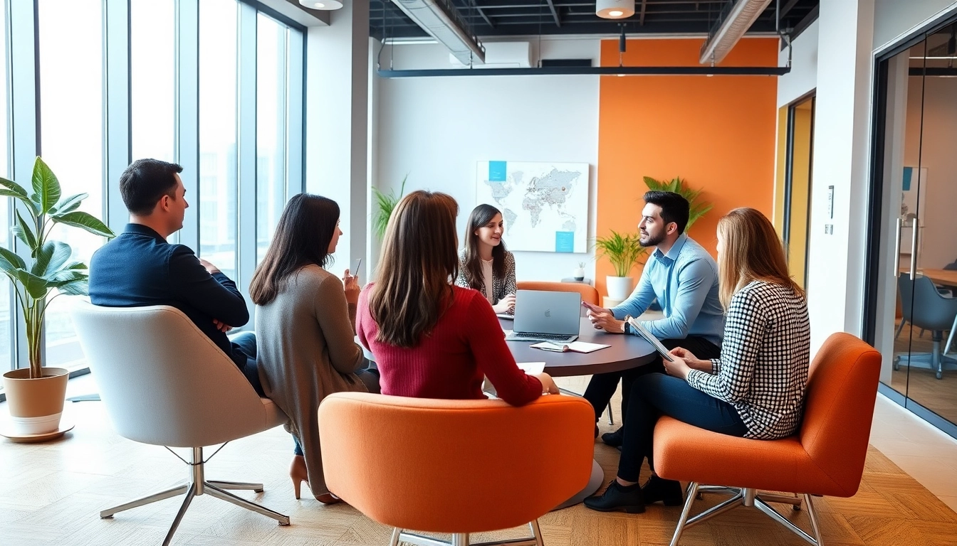 Collaborative team working on website design Manchester concepts in a bright office.