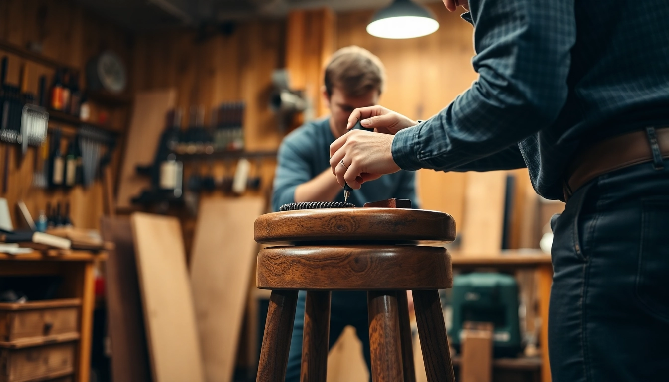 Technician demonstrating back bar repair on a wooden stool, emphasizing craftsmanship and tools.