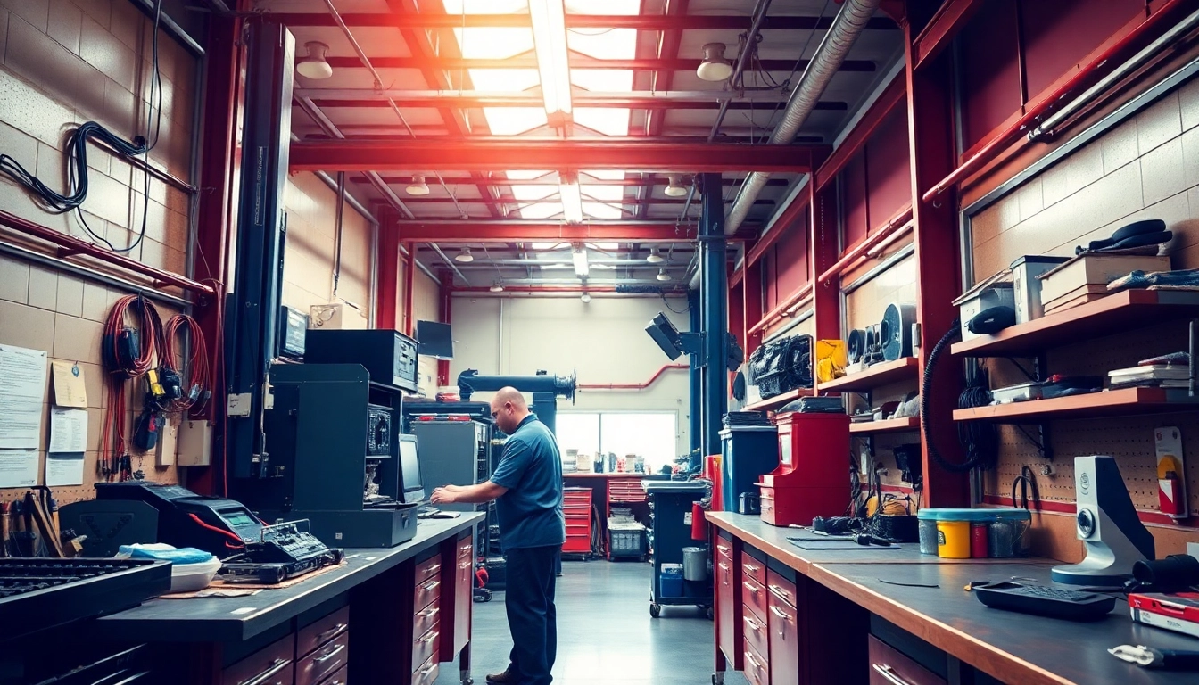 Technician performing back bar repair in a bright, organized workshop with specialized tools.