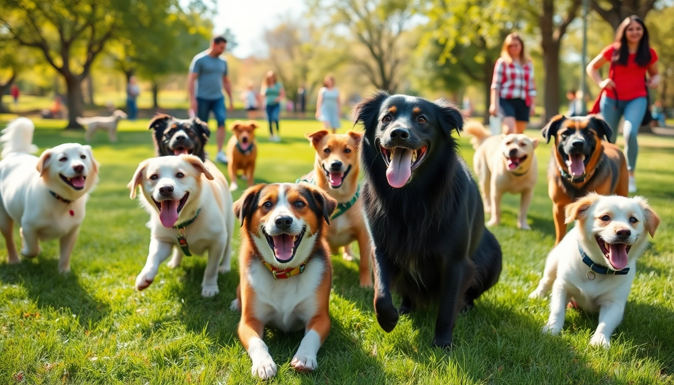 Enjoy playful dogs at Kate's K9 Pet Care, showcasing their joyful interactions in a sunny park.