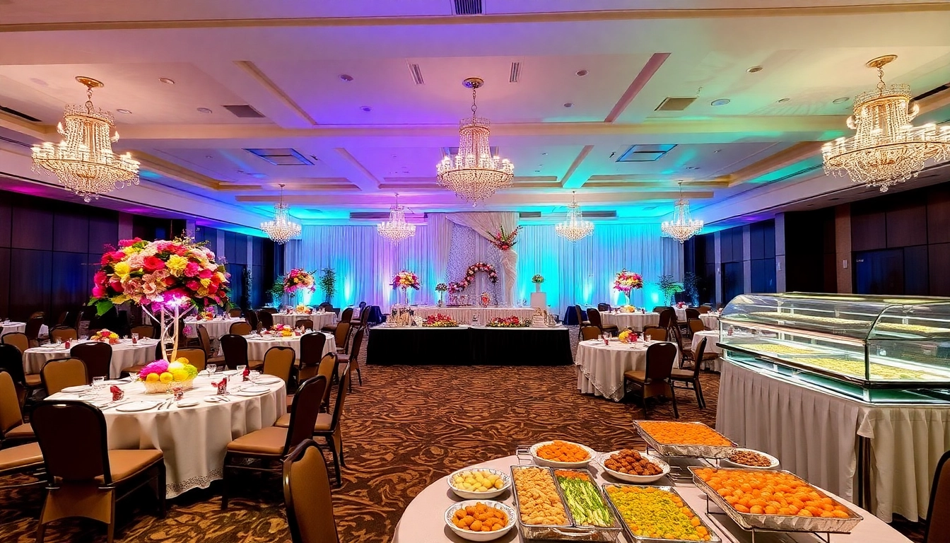 Beautiful partyservice Berlin arrangement featuring an elegant buffet with floral decorations and ambient lighting.