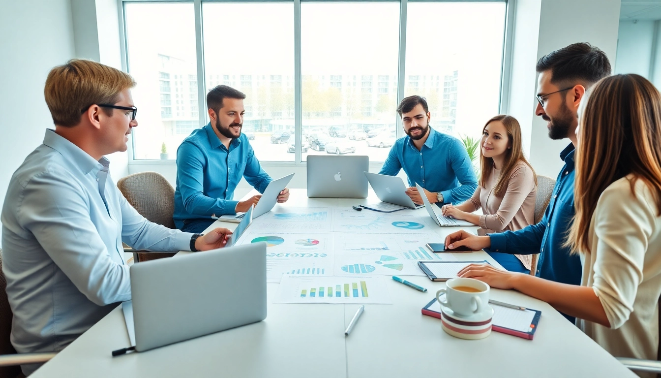 Team strategizing for trade marketing success with data-driven insights in a modern office.