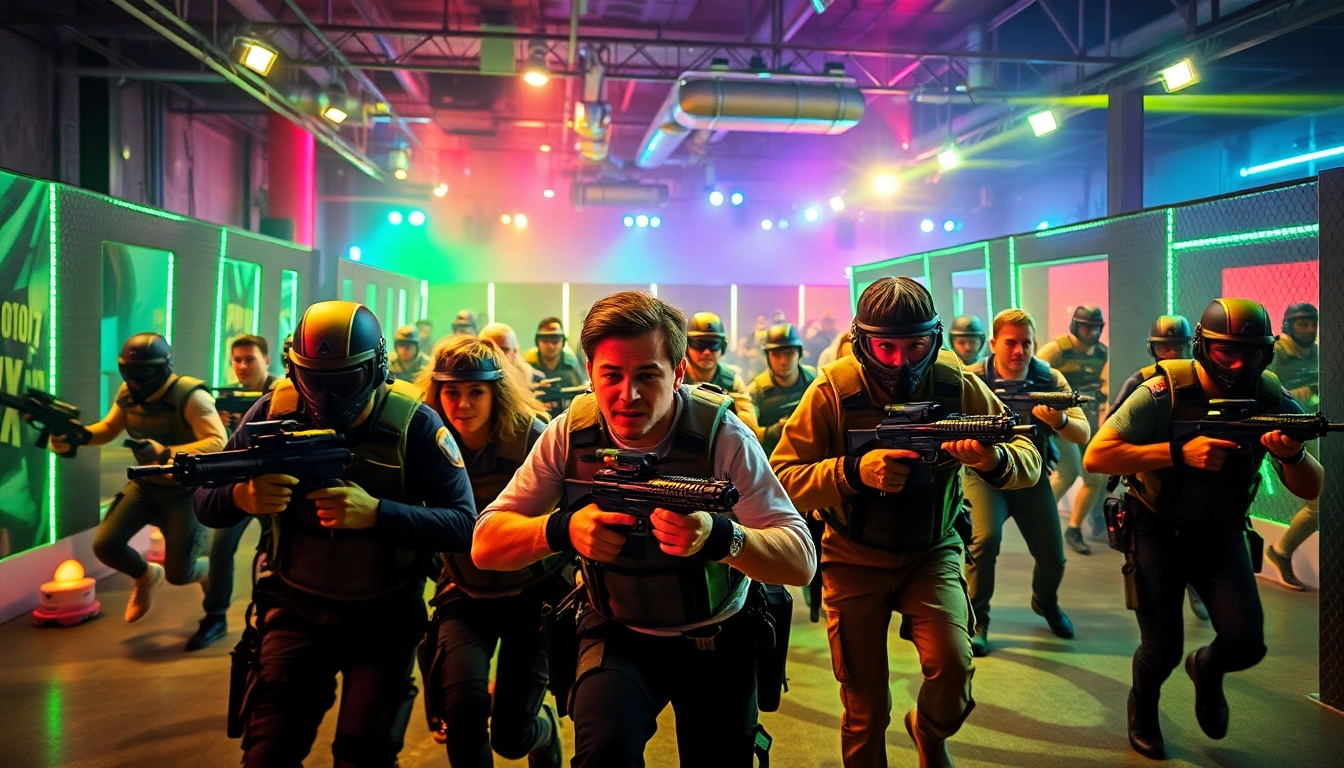 Participants engage in an energetic laser tag match in a high-tech arena.