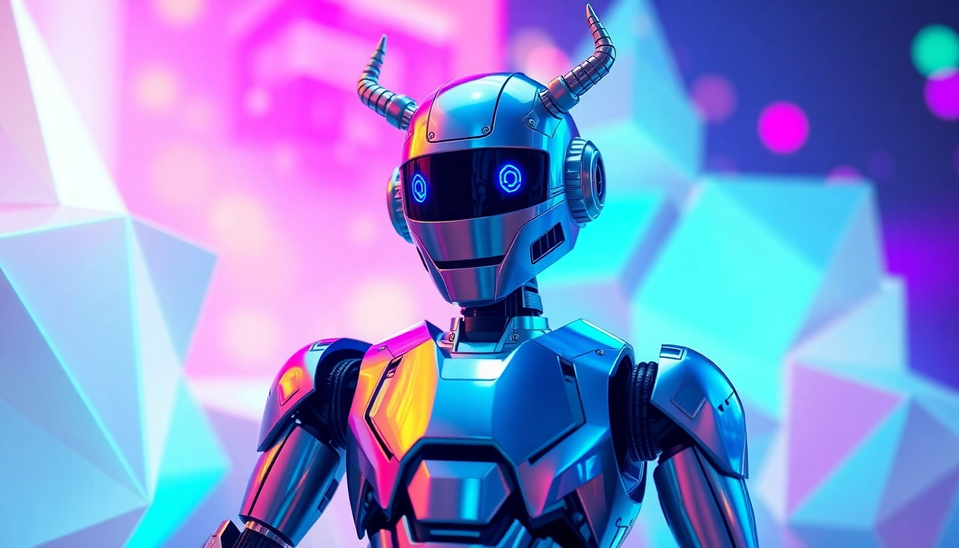 Engage with horny AI through an anthropomorphic robot set in a vibrant tech landscape.