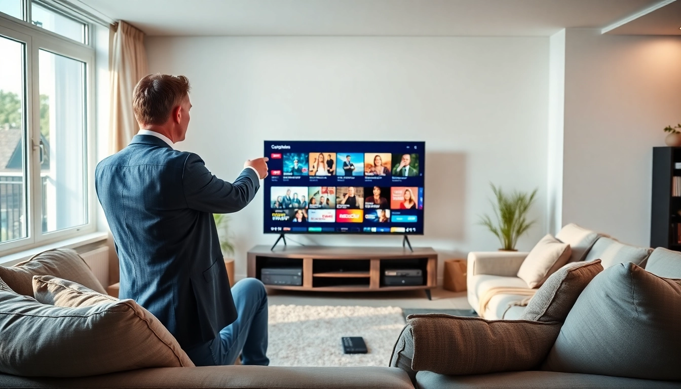 Engaging in a free trial iptv subscription while exploring a modern living room with diverse channels on TV.