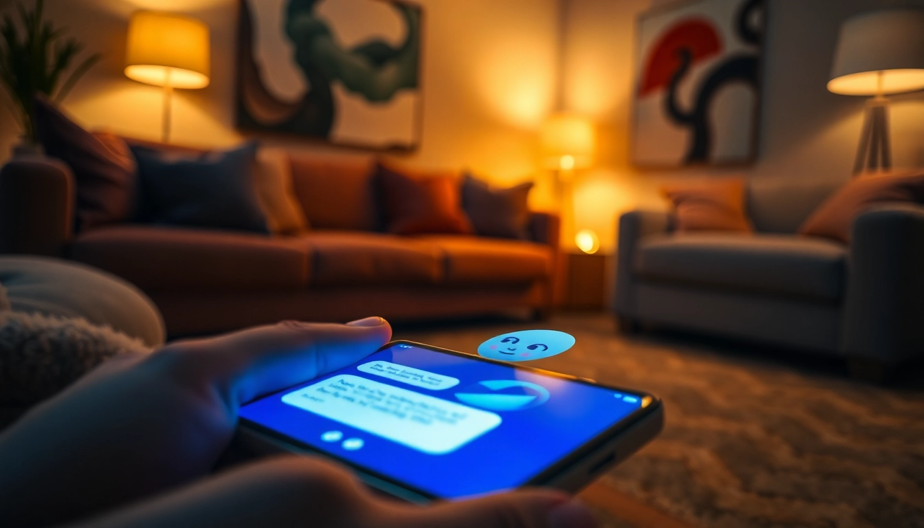 Engaging sex chat bot interaction displayed on a smartphone in a cozy setting.