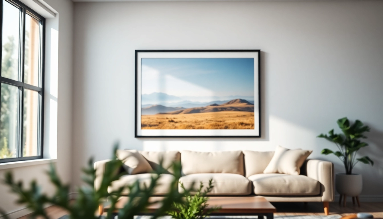 Showcase a 20x30 frame displaying vibrant artwork in a stylish living room setting.
