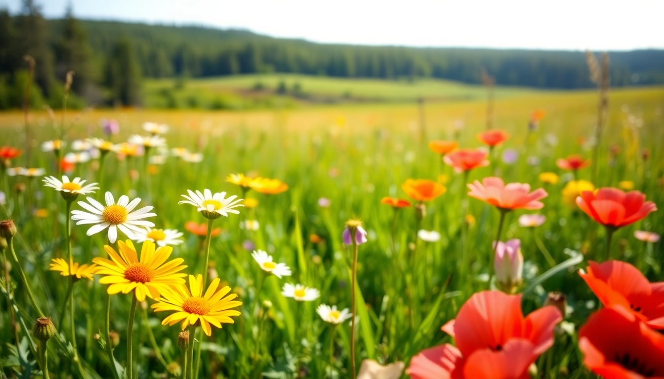 View of blooming wildflowers at www.sudswild.com, surrounded by a lush green meadow and sunlight.