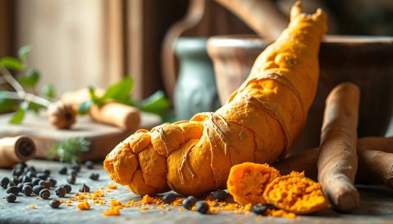 Turmeric Root displayed in a rustic kitchen setting with spices and herbs surrounding it.