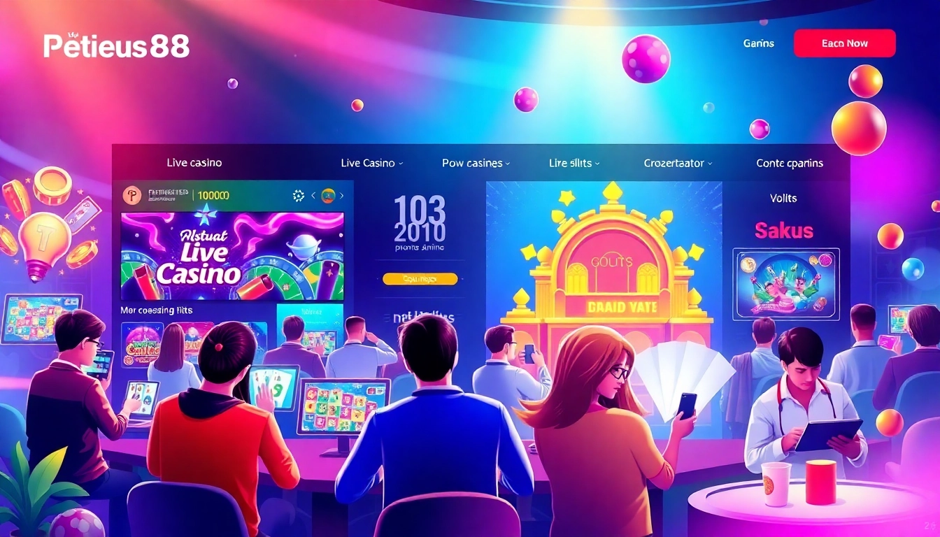 Players engaging in various games on Petirzeus88, a trusted online gambling platform, with visuals of slots, live casino, and poker.