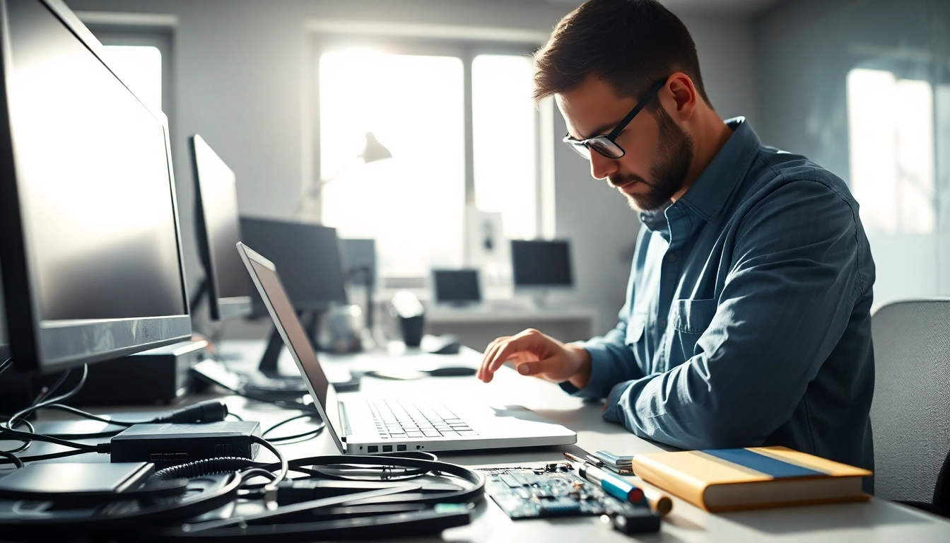 Riparazione computer torino con un tecnico esperto al lavoro su un laptop in un ambiente moderno.