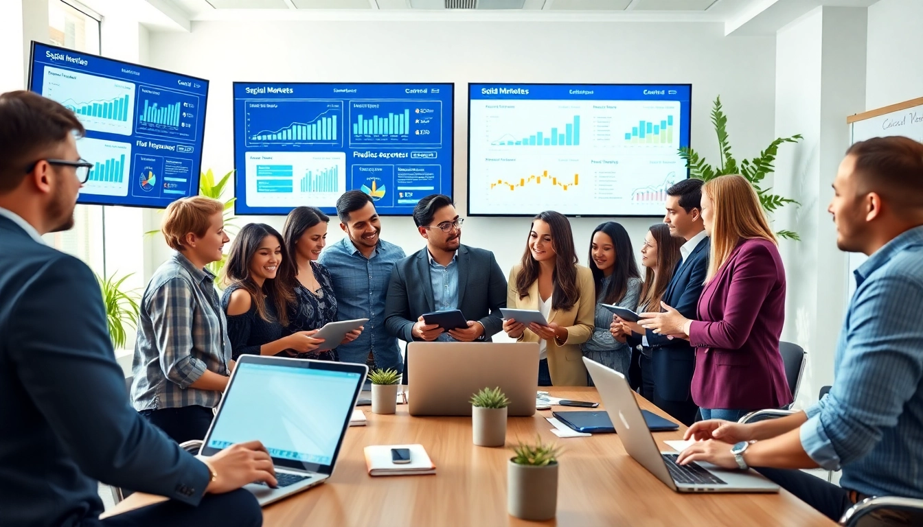 Digital marketing Edmonton team collaborating in a modern office environment with analytics screens.