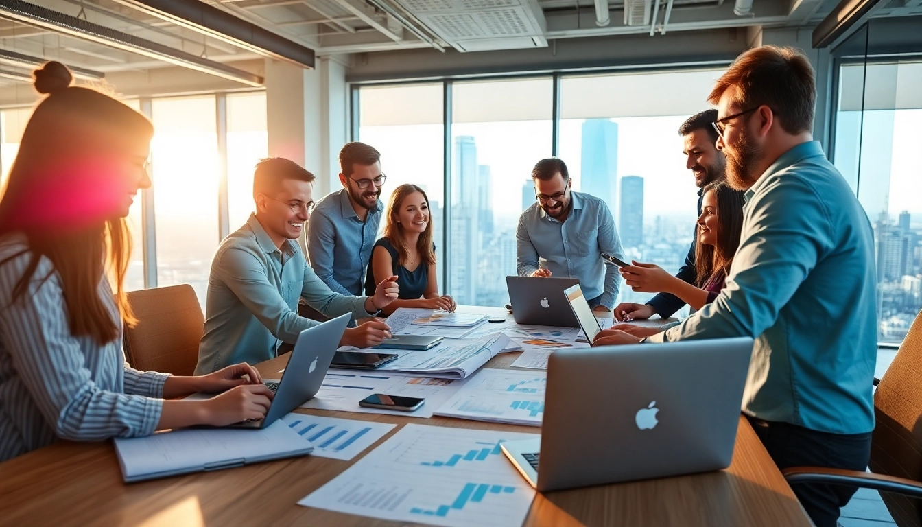 Enhance trade marketing visibility with a collaborative team in a professional office environment.