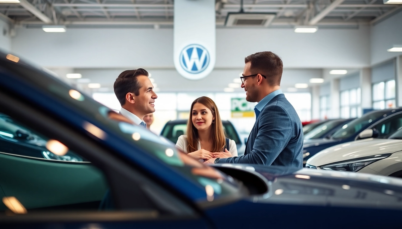 Engaging conversation about Part Exchange in a modern car dealership setting with friendly atmosphere.