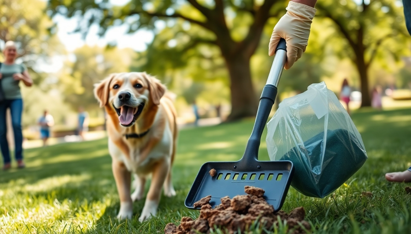 Efficient dog poop cleanup performed by a professional in a sunny park, ensuring a clean environment.