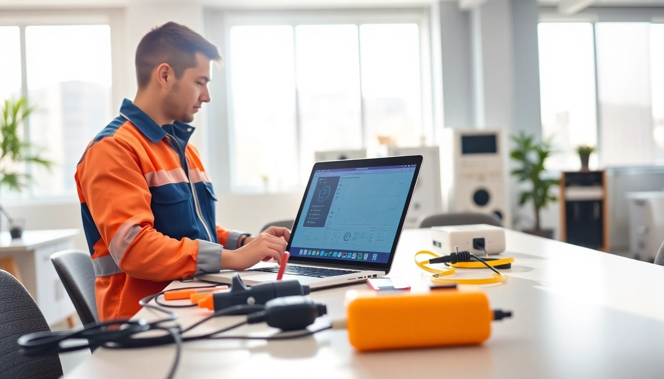 Performing Pat testing Lichfield with a technician in a modern office setting.