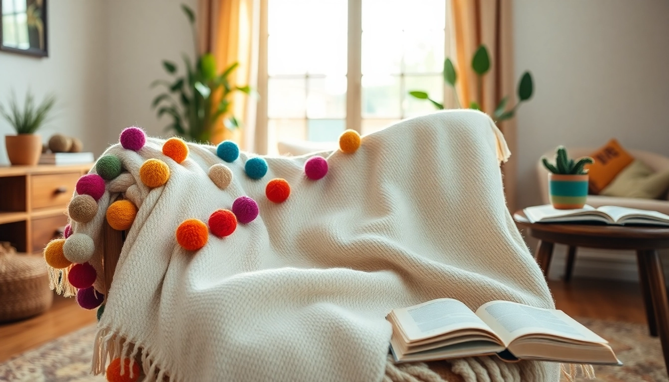 Decorate your home with Moroccan Cotton Pompom Blankets featuring colorful designs.