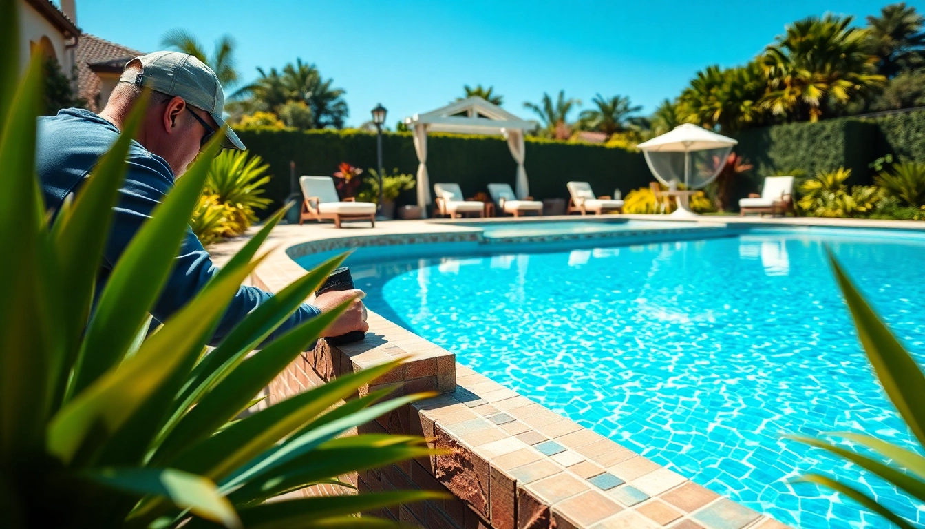Skilled swimming pool builder enhancing a luxurious backyard pool with elegant design features.