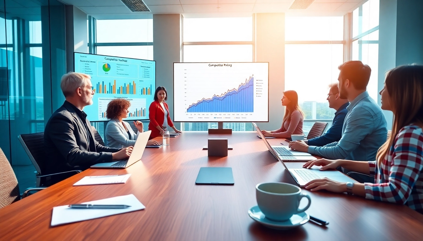 Analyze competitor pricing analysis through team collaboration and data visuals in a professional setting.