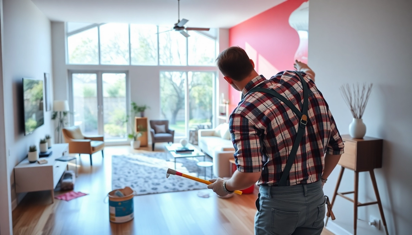 Interior painting professional revitalizing a living room with a vibrant color.