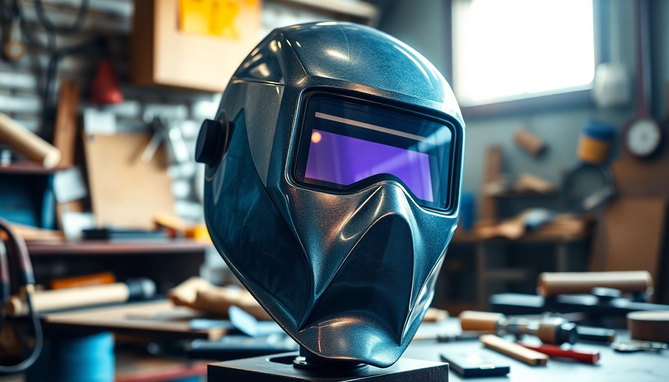 Welding mask prominently displayed in a workshop environment, highlighting its features and craftsmanship.