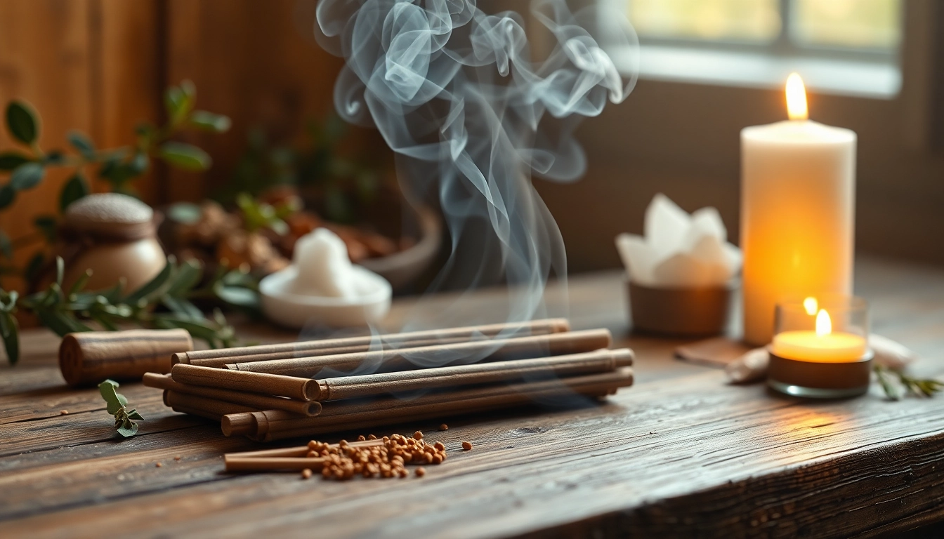 Incenses for cleansing displayed delicately on a wooden table with soothing smoke.