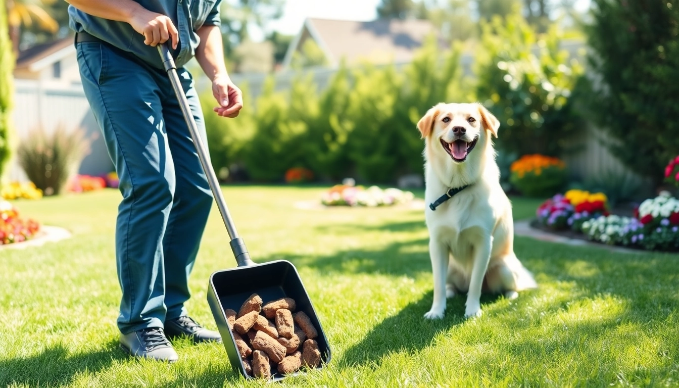 Dog clean up service professional diligently cleaning a backyard while a happy dog watches nearby.