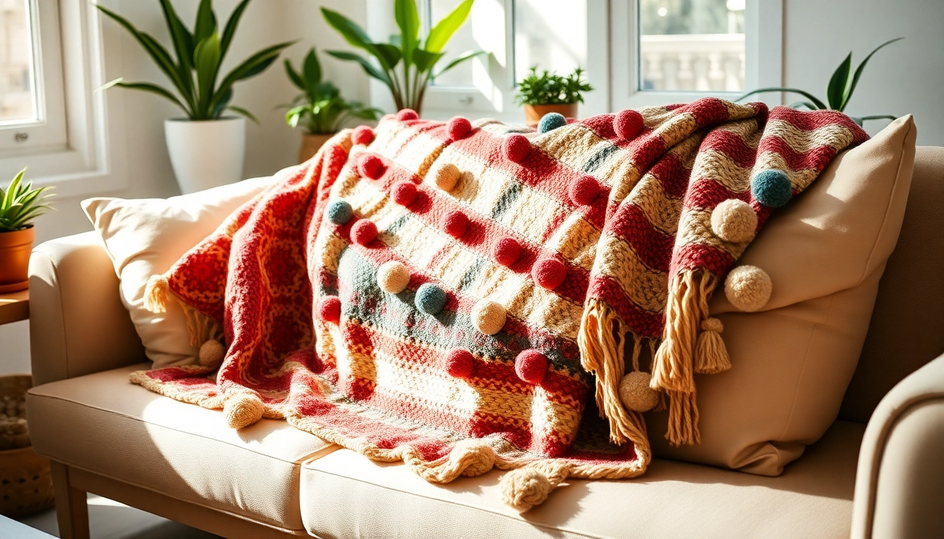 Showcasing a vibrant Moroccan pompom blanket from https://labboho.com/collections/pompom-blanket on a stylish sofa.