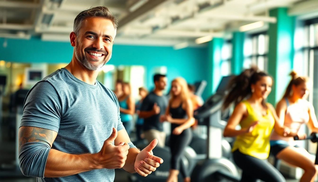 Find the best gym near me with a professional trainer helping clients in an energetic environment.