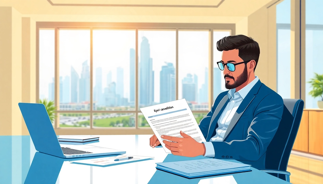 Illustration representing ejari cancellation process with a tenant reviewing documents in a modern Dubai office.