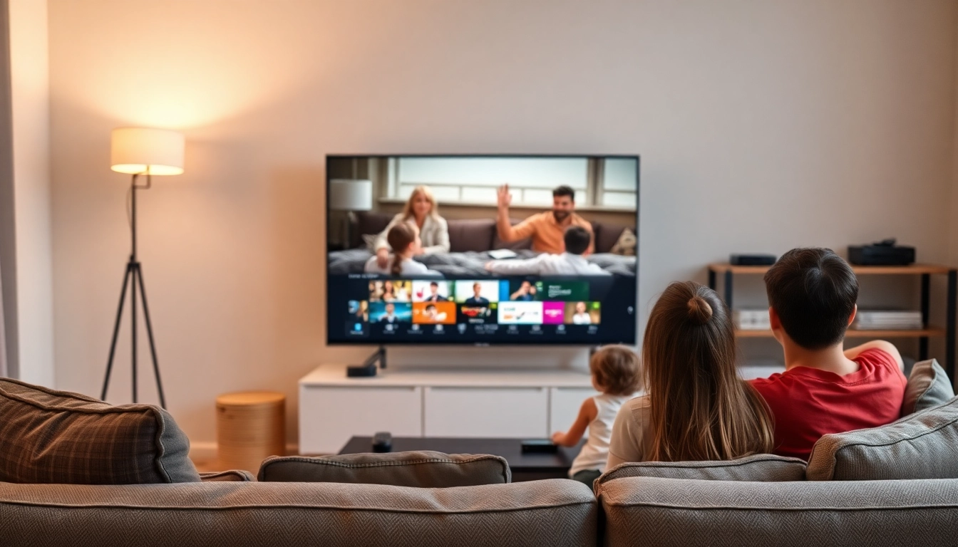 Engaging family enjoying IPTV Subscription USA in a stylish living room with a smart TV.