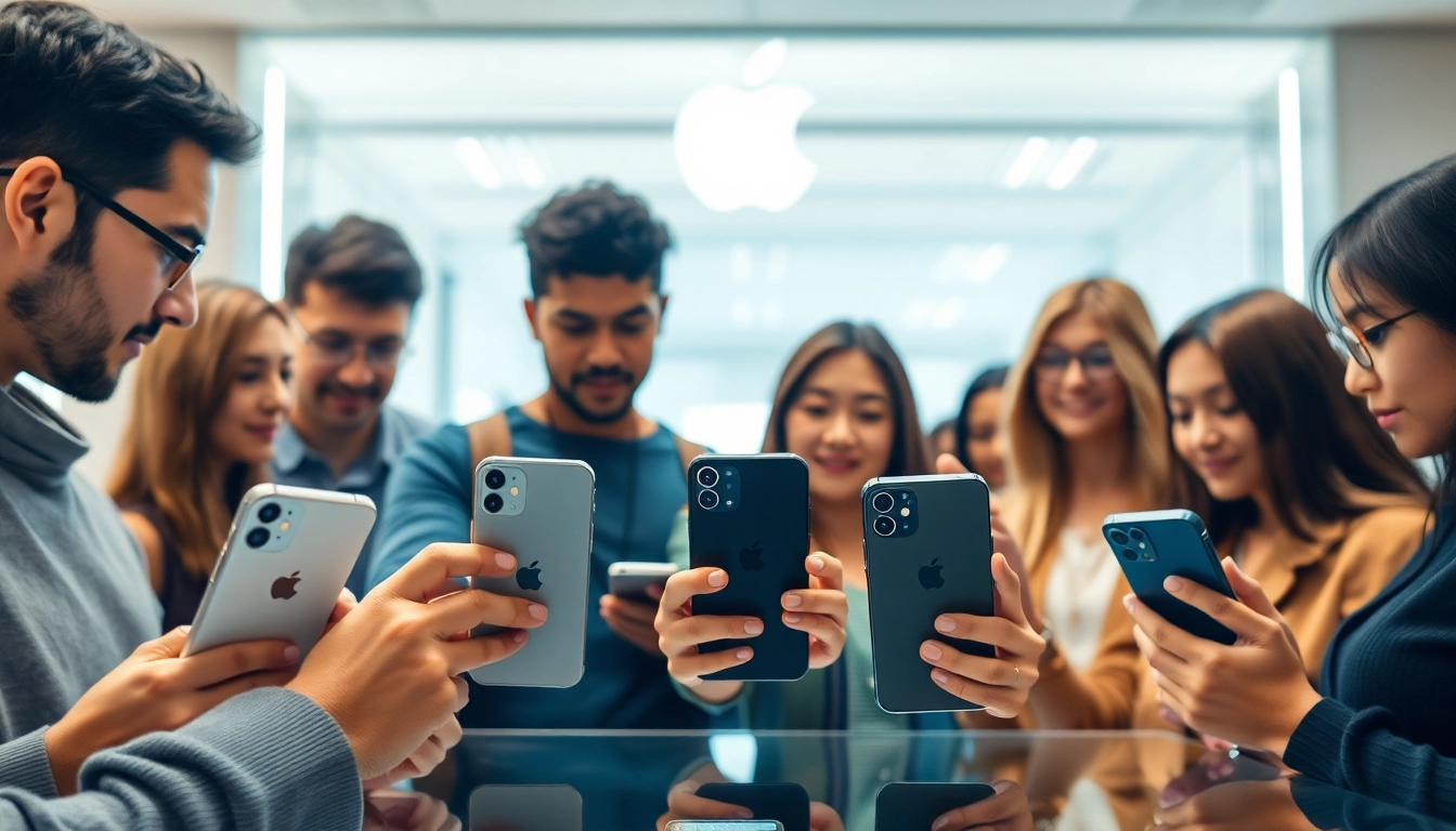 Buy iPhone models displayed in a modern retail setting with customers engaging with the products.