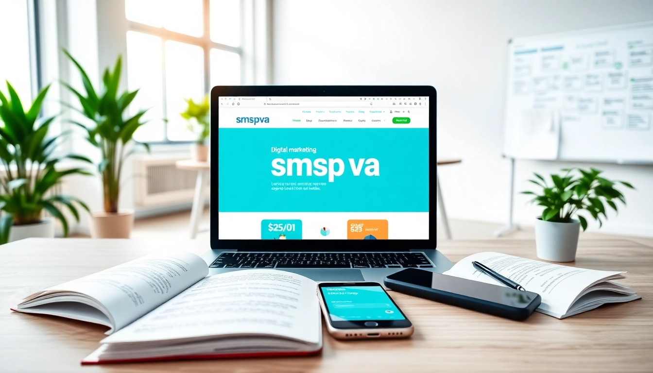 Engaging digital workspace showcasing smspva on a laptop with SMS codes and marketing notes.