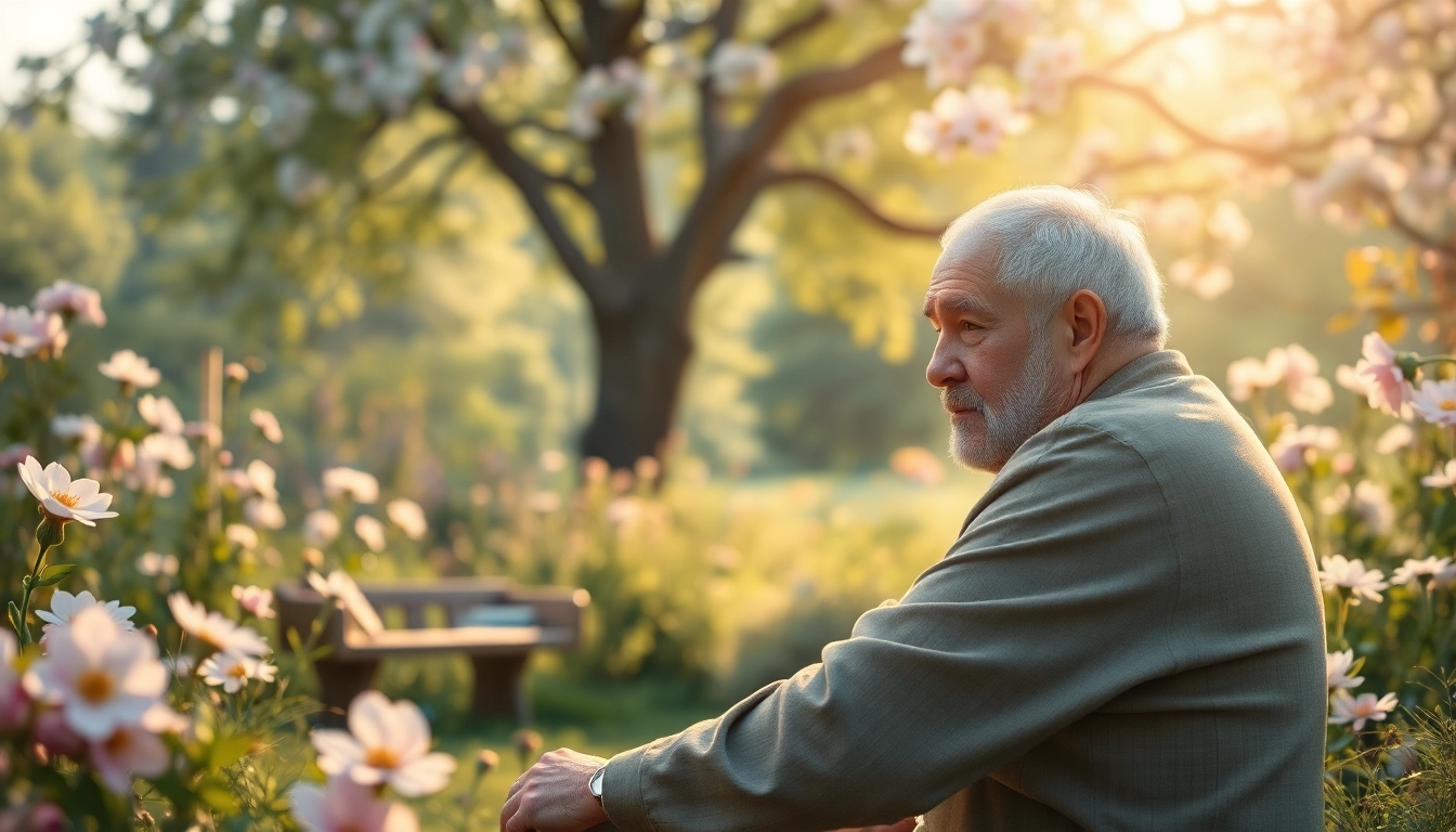 Individual reflecting while dealing with grief in a peaceful garden setting.