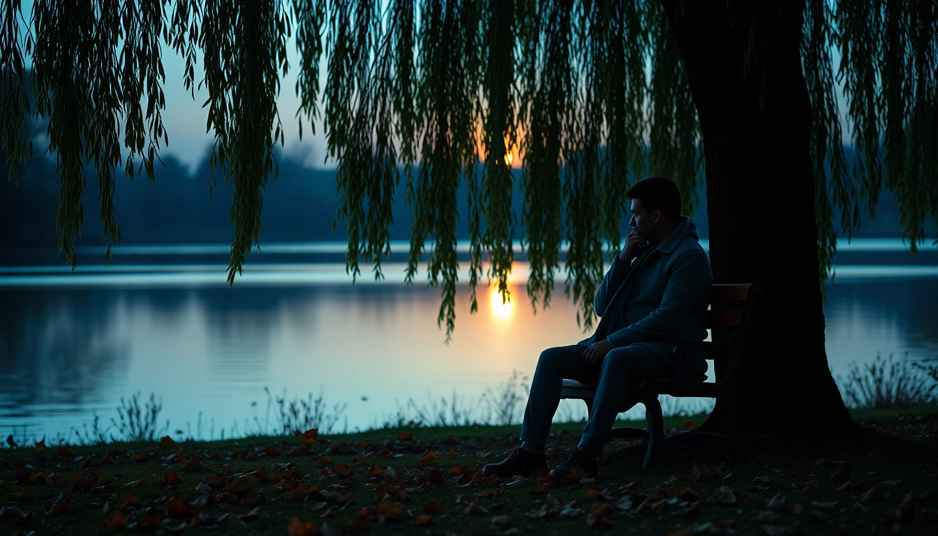 Person reflecting on dealing with grief by a peaceful lake under a willow tree.