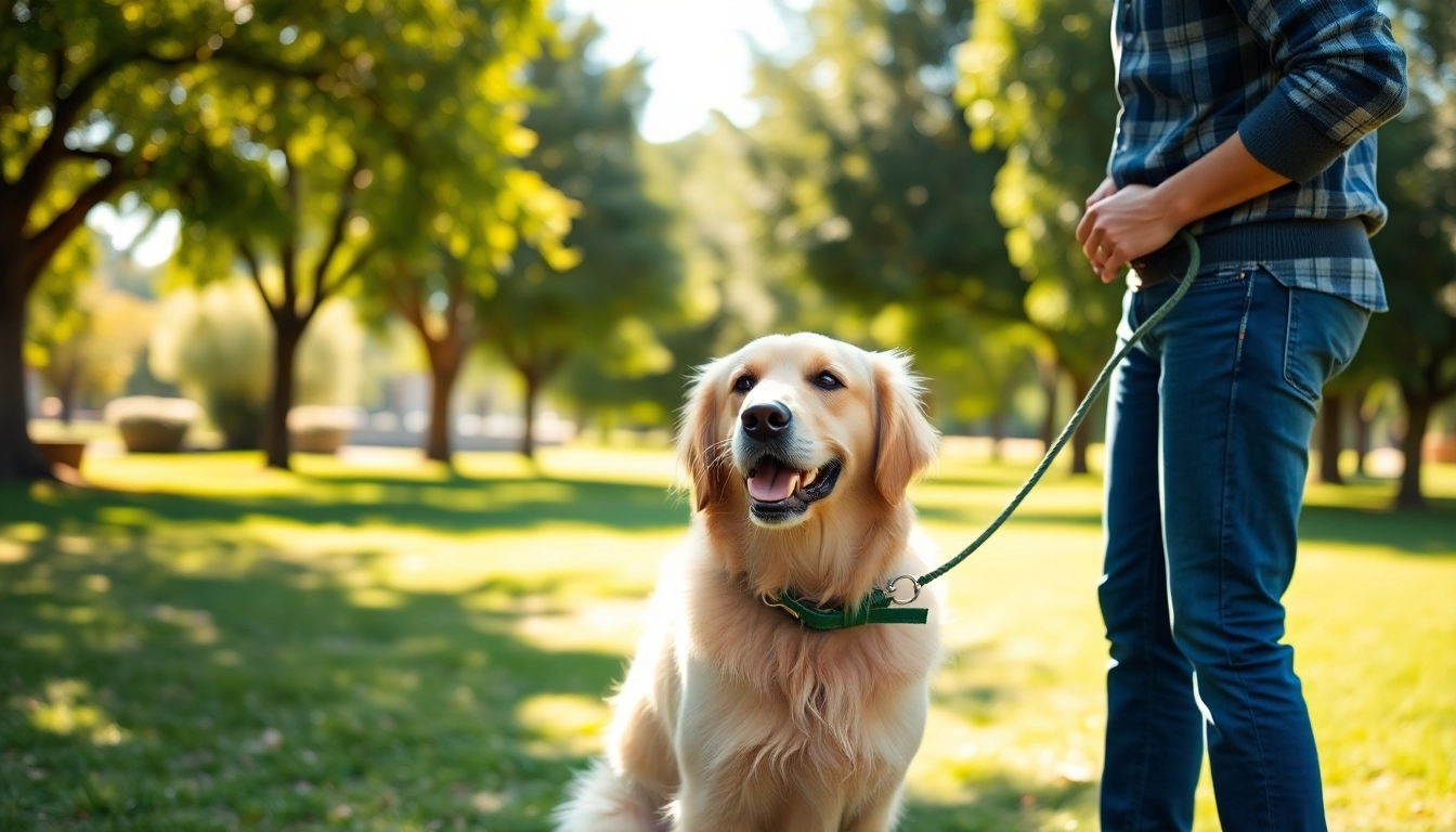 Engaging dog training Irvine session showcasing a trainer working with a golden retriever in a sunny park.