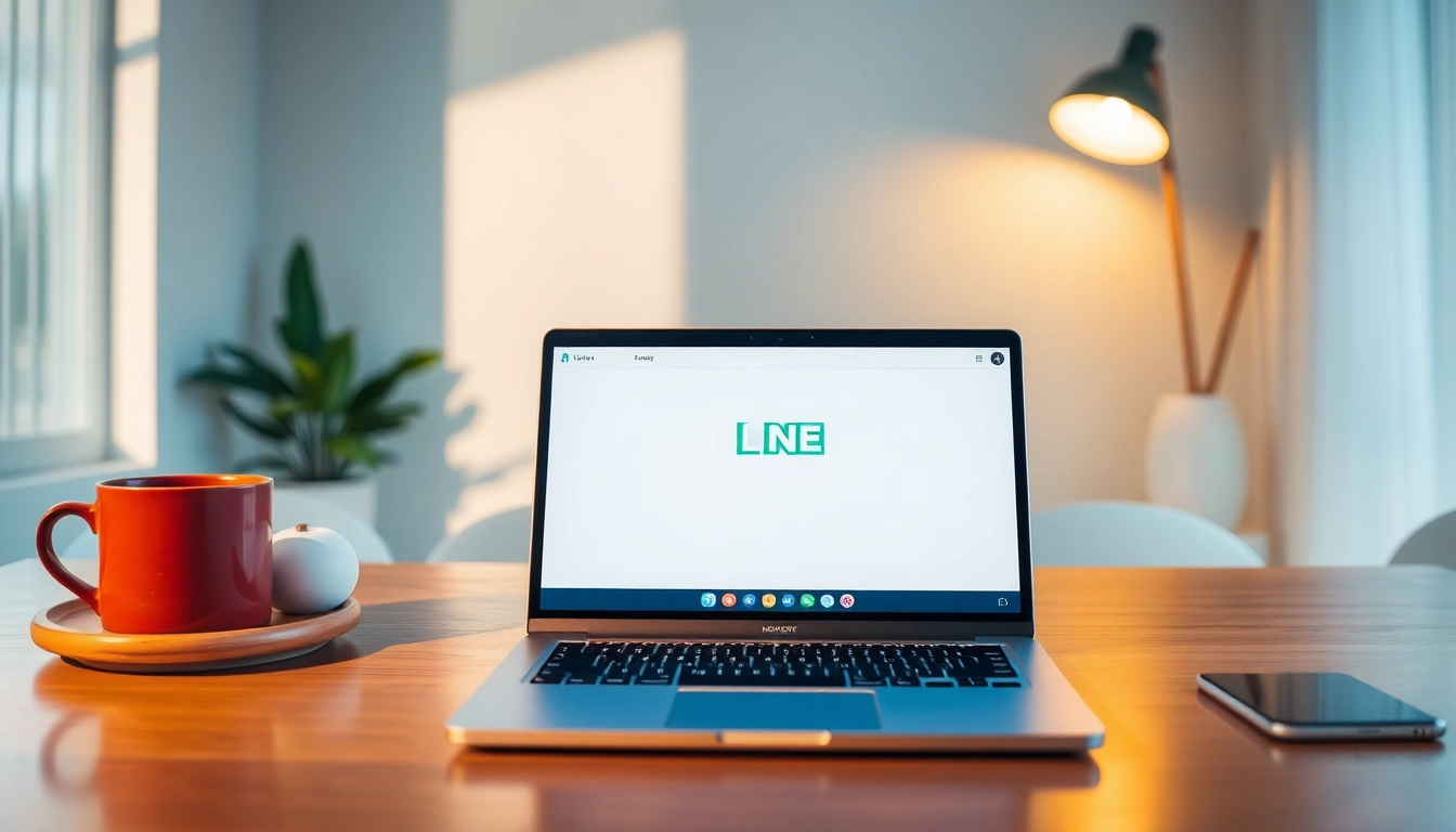 Efficiently downloading line電腦版下載 on a sleek laptop in a cozy workspace.