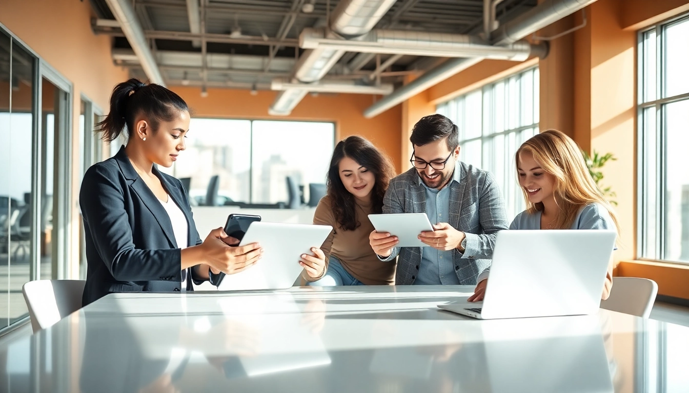 Collaborating professionals engaging with 美洽官网 in a modern office setting